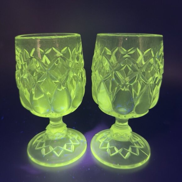 Antique Adams Glass Co Jacobs Tears Clear Goblets Cups Manganese 365nm Set 2 UV - Picture 1 of 14